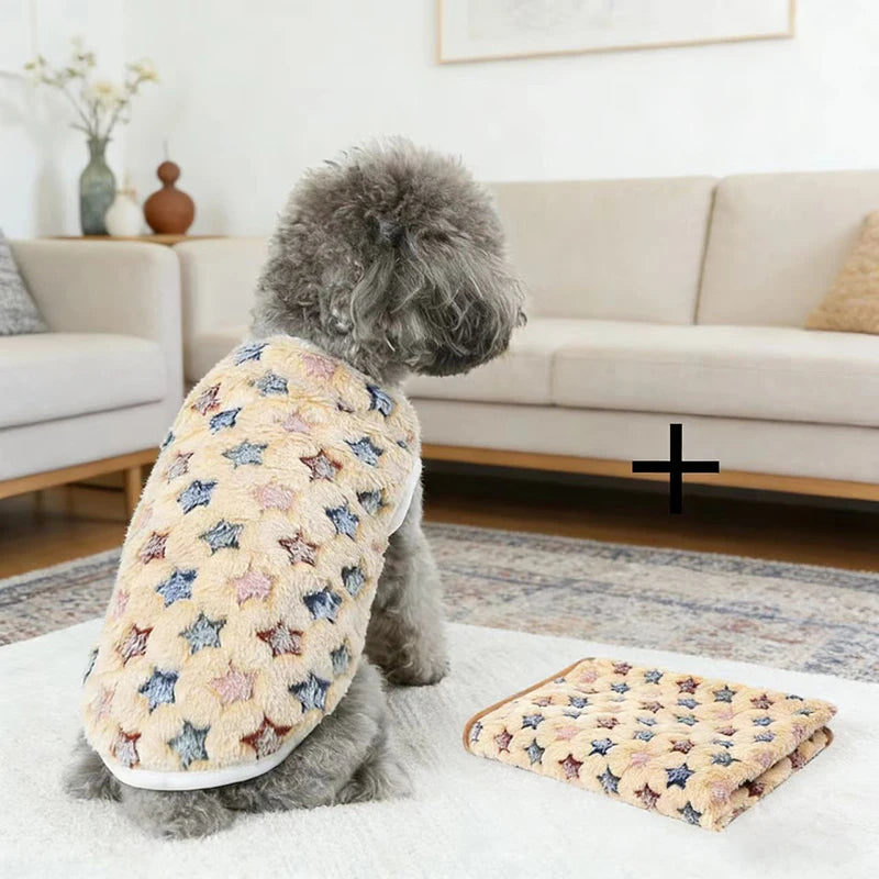Flannel Dog Clothes & Blanket Sets Pet Clothes for Small Medium Dogs Soft Puppy Vest Cute Paw Print Clothes Blanket for Cat Dog
