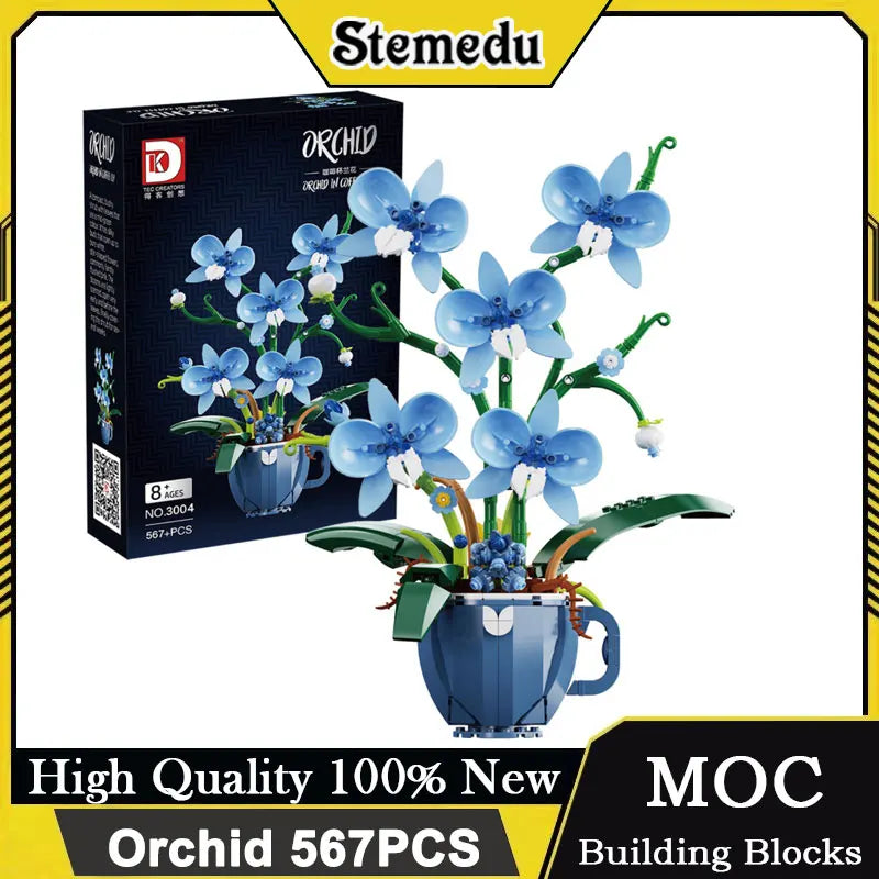 Romantic Blue Orchid Bouquet Building Blocks Home Desk Plant Decoration Assemble Toys Sending Girlfriend Valentine's Day Gifts