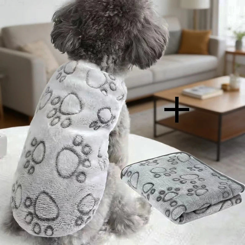 Flannel Dog Clothes & Blanket Sets Pet Clothes for Small Medium Dogs Soft Puppy Vest Cute Paw Print Clothes Blanket for Cat Dog