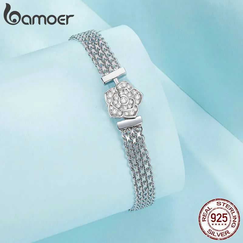 Bamoer 925 Sterling Silver Rose Basic Bracelet Hollow-out Wide Band Chain Platinum Plated for Women Valentine's Day Gift SCB265