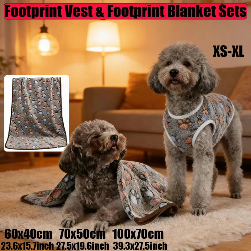 Flannel Dog Clothes & Blanket Sets Pet Clothes for Small Medium Dogs Soft Puppy Vest Cute Paw Print Clothes Blanket for Cat Dog