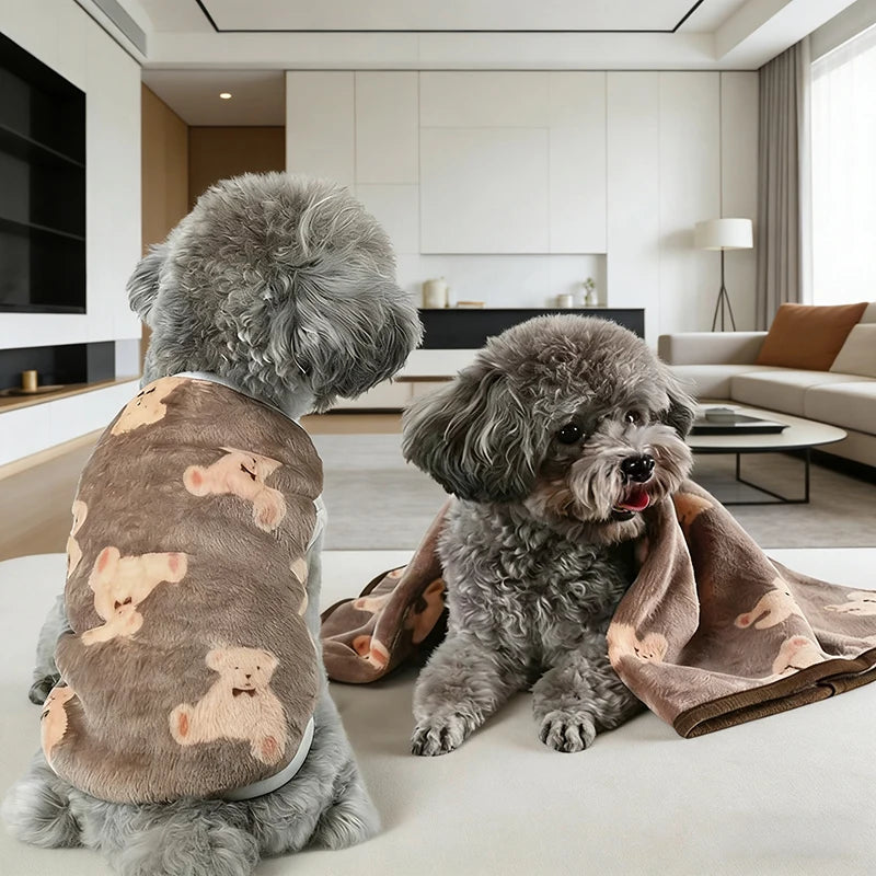 Flannel Dog Clothes & Blanket Sets Pet Clothes for Small Medium Dogs Soft Puppy Vest Cute Paw Print Clothes Blanket for Cat Dog