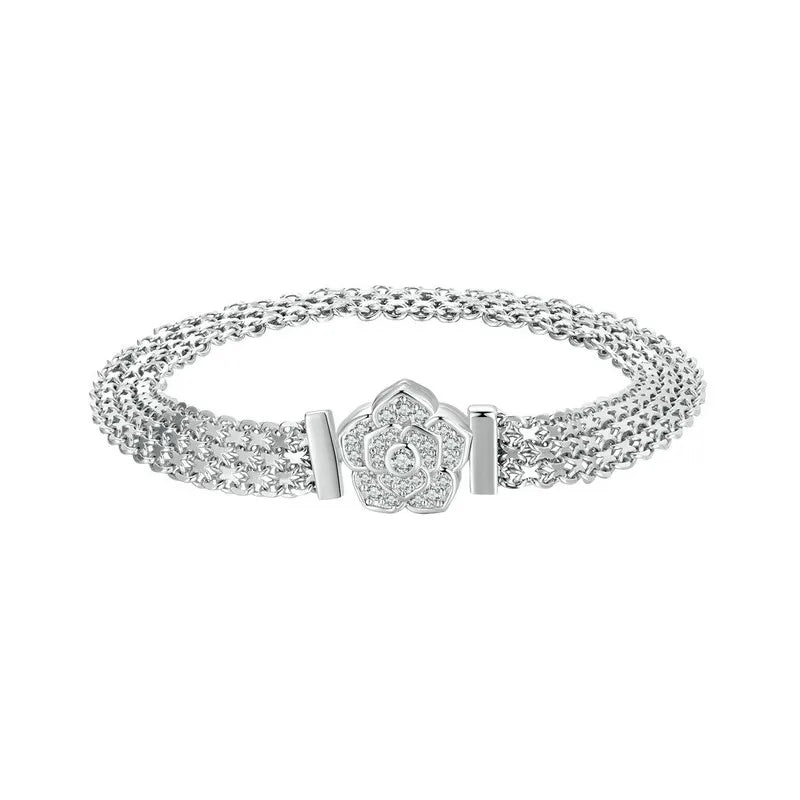 Bamoer 925 Sterling Silver Rose Basic Bracelet Hollow-out Wide Band Chain Platinum Plated for Women Valentine's Day Gift SCB265