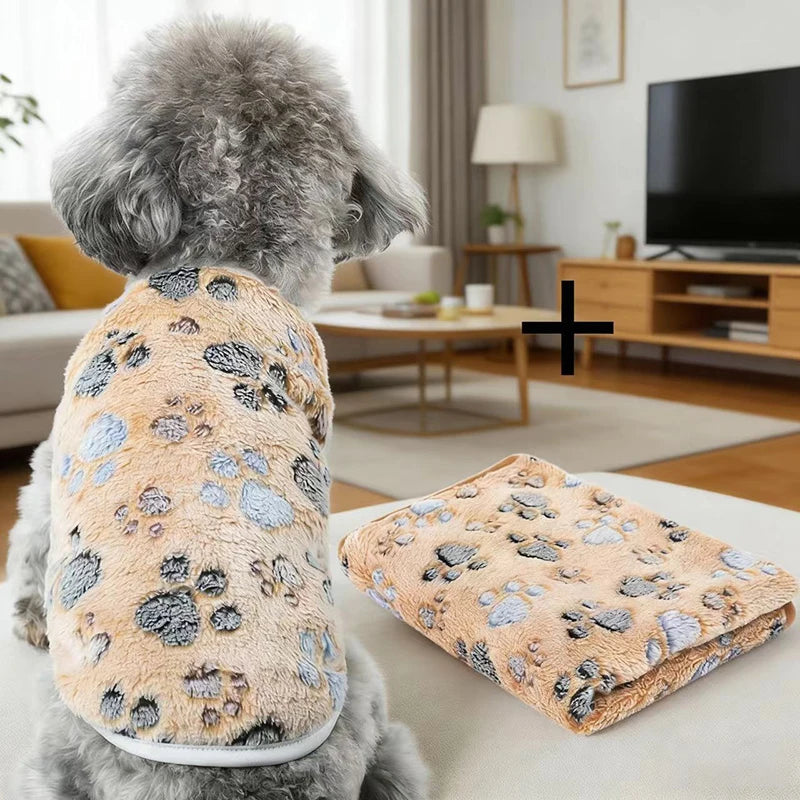 Flannel Dog Clothes & Blanket Sets Pet Clothes for Small Medium Dogs Soft Puppy Vest Cute Paw Print Clothes Blanket for Cat Dog