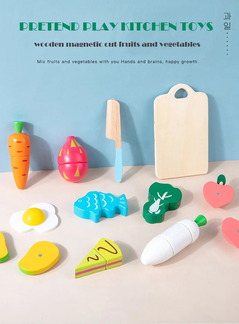 Magnetic Wooden Cutting Fruits Vegetables Pretend Play Simulation Kitchen Toys Classic Game Montessori Educational Toys For Kids