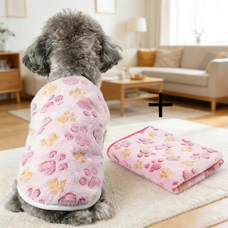 Flannel Dog Clothes & Blanket Sets Pet Clothes for Small Medium Dogs Soft Puppy Vest Cute Paw Print Clothes Blanket for Cat Dog
