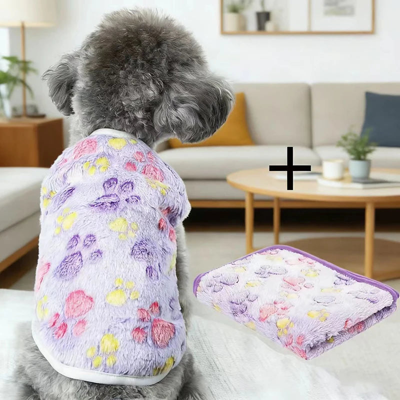 Flannel Dog Clothes & Blanket Sets Pet Clothes for Small Medium Dogs Soft Puppy Vest Cute Paw Print Clothes Blanket for Cat Dog