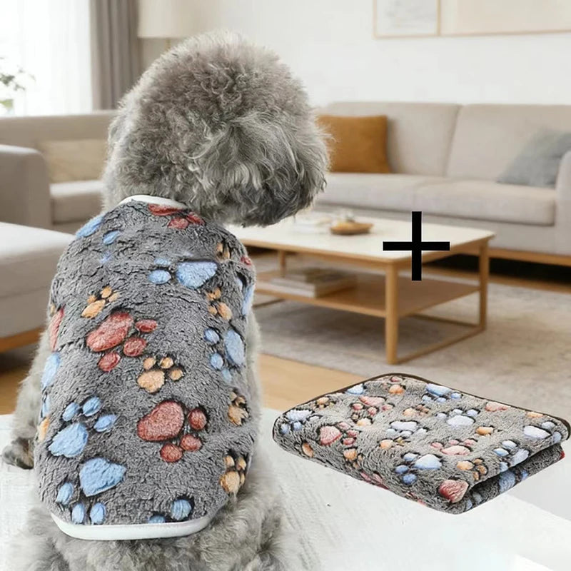Flannel Dog Clothes & Blanket Sets Pet Clothes for Small Medium Dogs Soft Puppy Vest Cute Paw Print Clothes Blanket for Cat Dog
