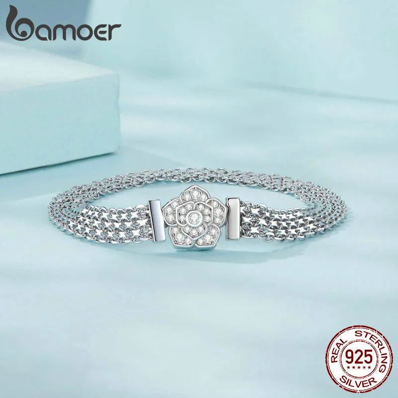 Bamoer 925 Sterling Silver Rose Basic Bracelet Hollow-out Wide Band Chain Platinum Plated for Women Valentine's Day Gift SCB265