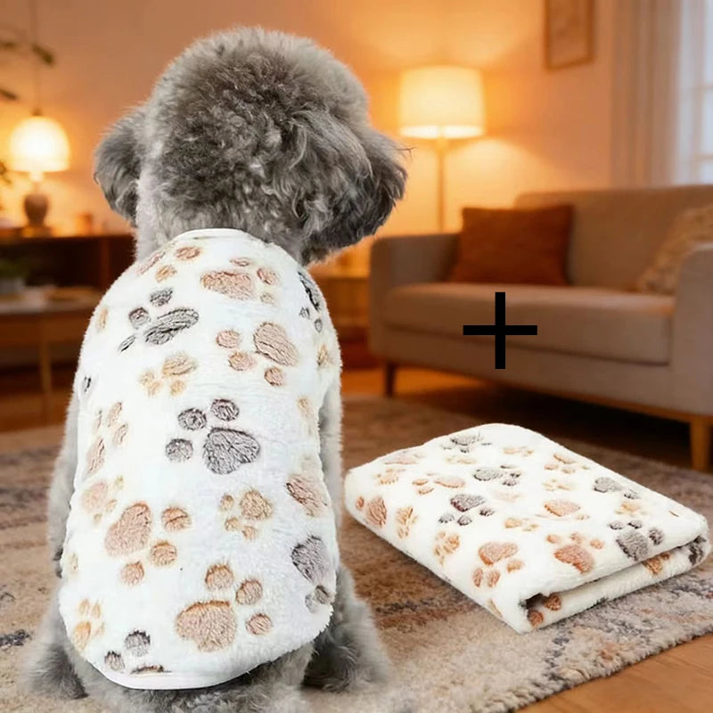 Flannel Dog Clothes & Blanket Sets Pet Clothes for Small Medium Dogs Soft Puppy Vest Cute Paw Print Clothes Blanket for Cat Dog