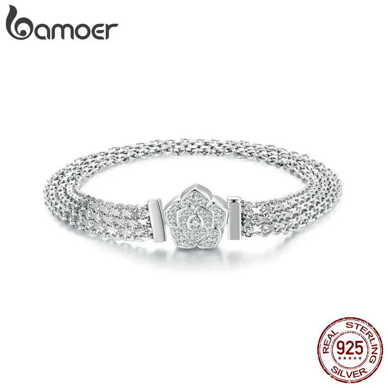 Bamoer 925 Sterling Silver Rose Basic Bracelet Hollow-out Wide Band Chain Platinum Plated for Women Valentine's Day Gift SCB265