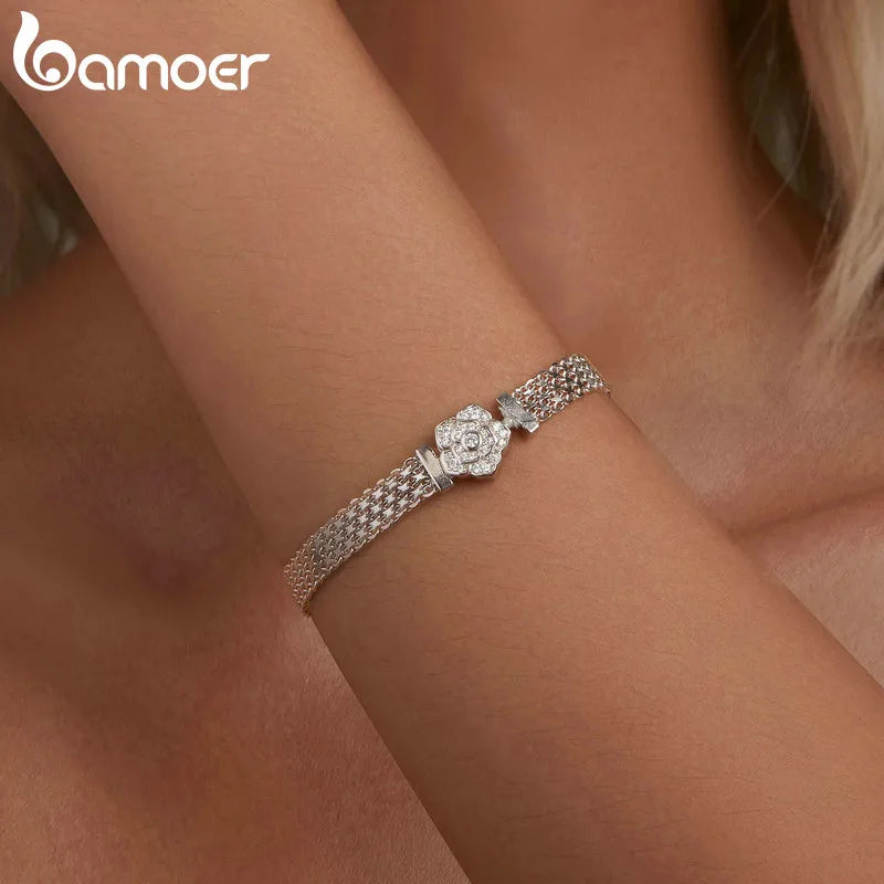 Bamoer 925 Sterling Silver Rose Basic Bracelet Hollow-out Wide Band Chain Platinum Plated for Women Valentine's Day Gift SCB265